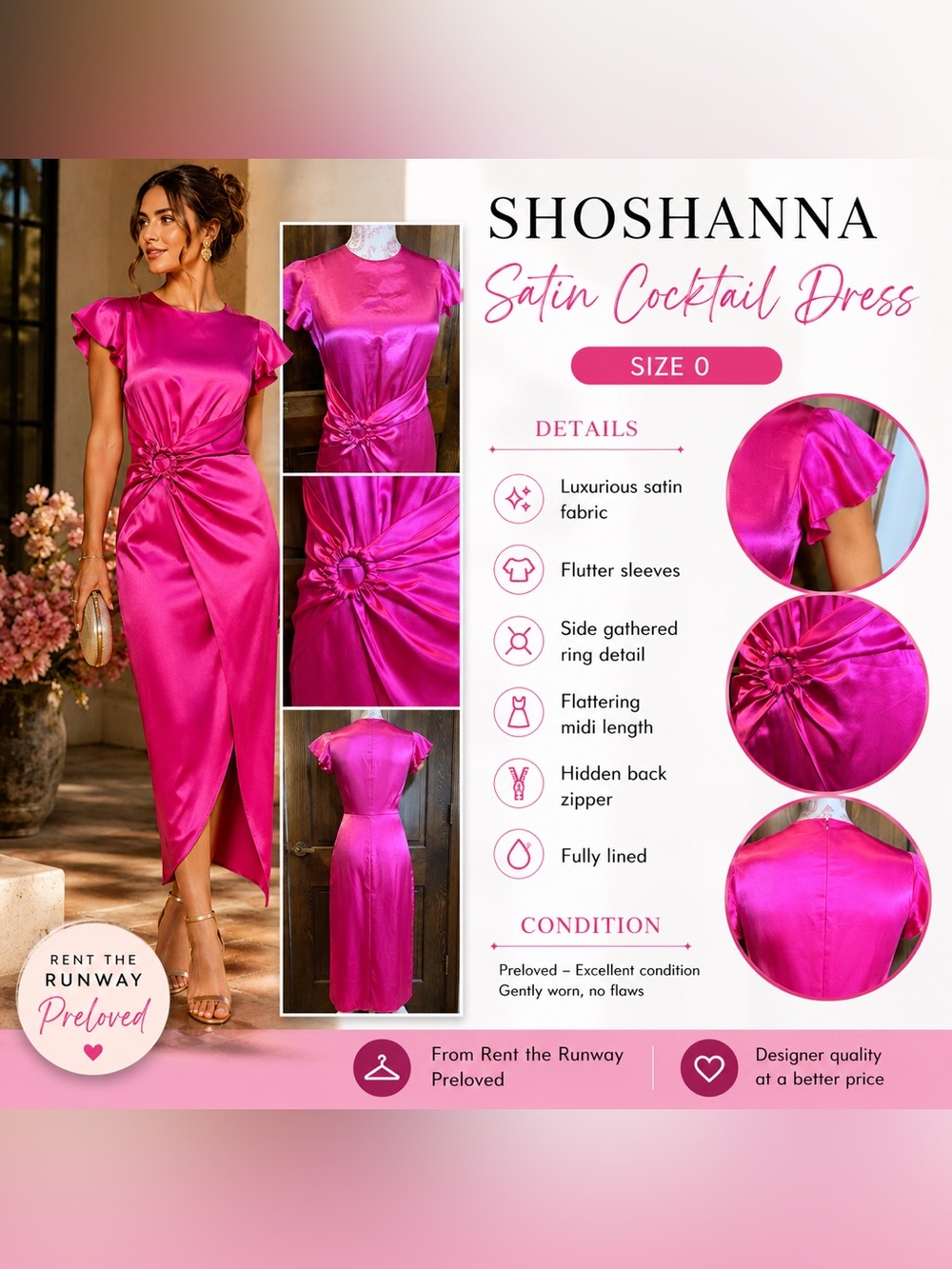 Shoshanna Fuchsia Satin Cocktail Midi Dress – Size 0